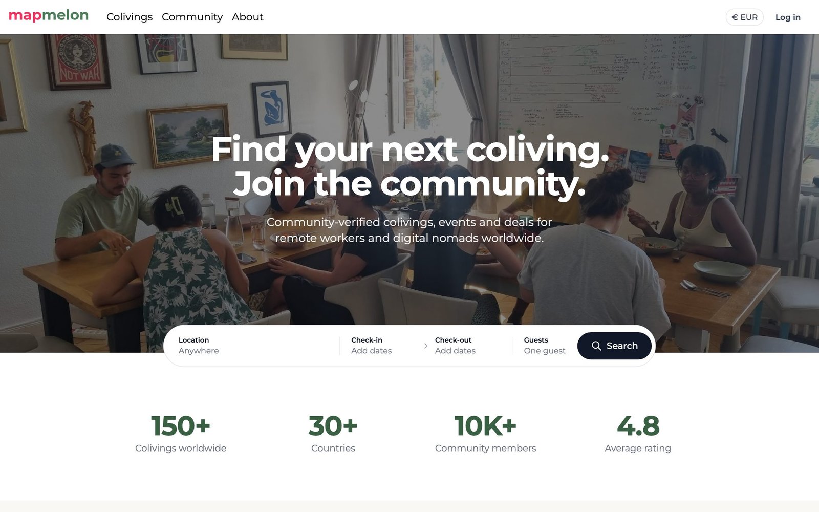The Mapmelon homepage: find your next coliving and join the community