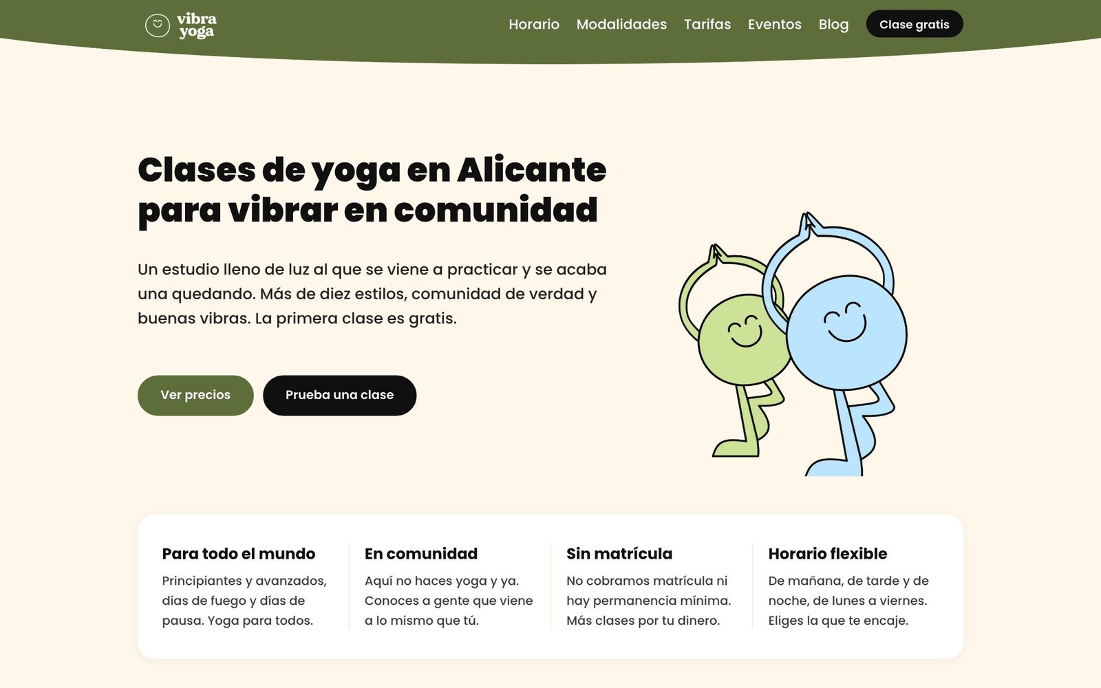 The Vibra Yoga homepage: yoga classes in Alicante, with its illustrated characters